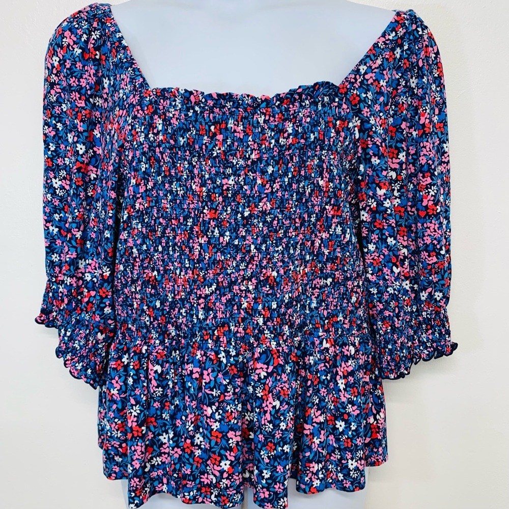 Drapers James Top Woman XXL  Blue Floral Smocked‎ Square Neck Puff Sleeve Ruffle